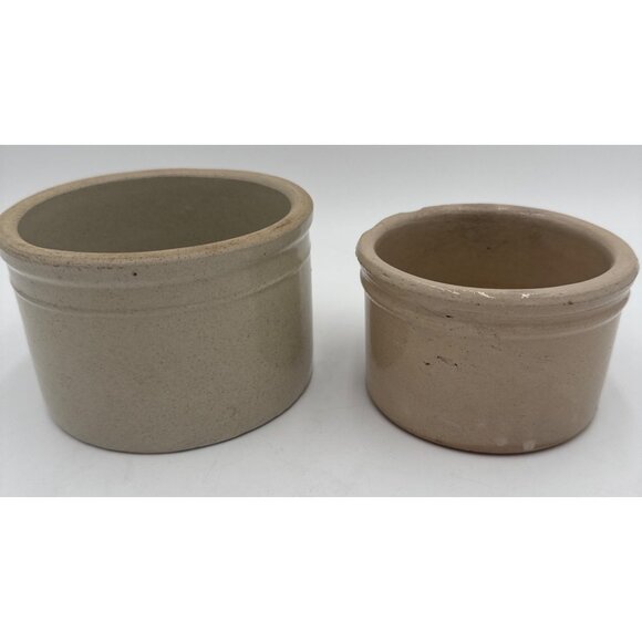 Set Of 2 Vtg Stoneware Crocks 3.5"x5"/3"x4" Rustic Decor Farmhouse One has chip - Picture 1 of 9